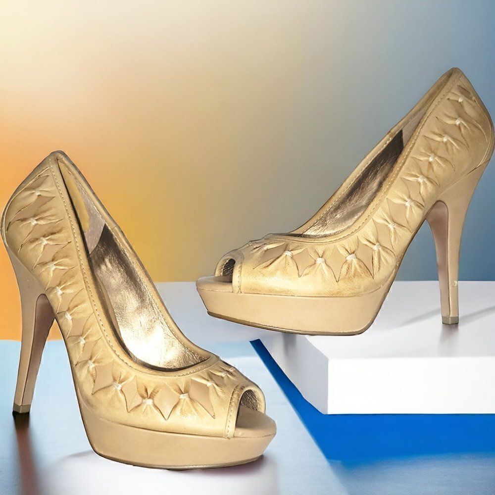 BCBGenerations cream braid style peep-toe heels